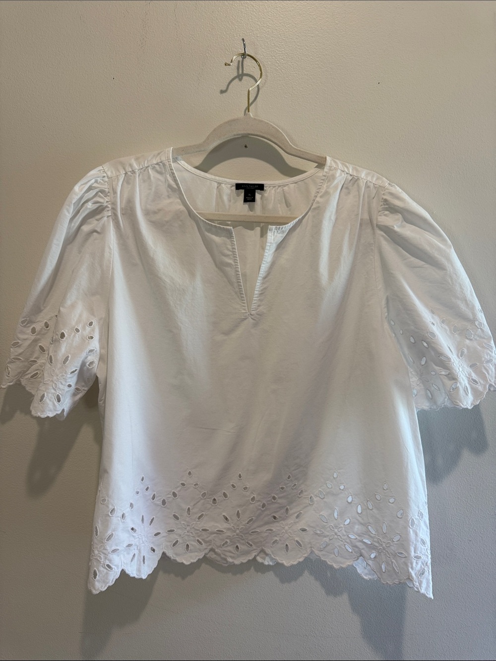 Ann Taylor White Eyelet Sleeve Cotton Blouse